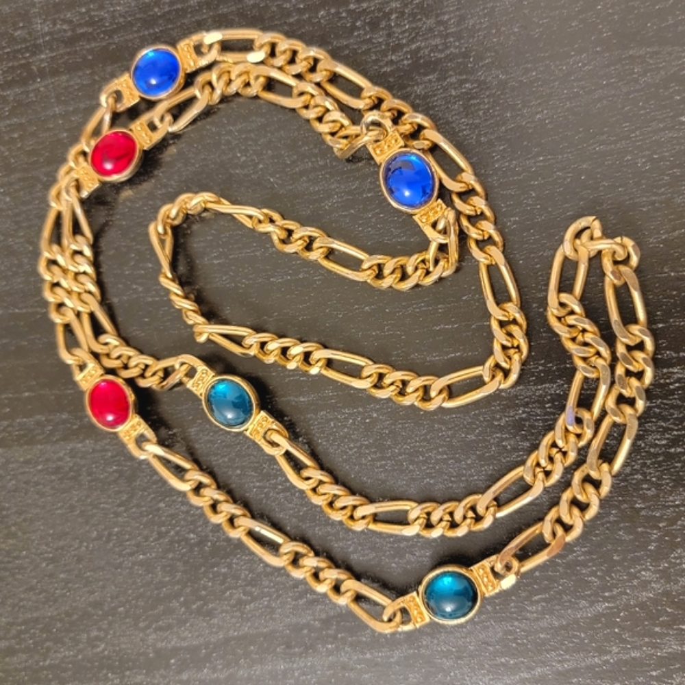 VINTAGE Unsigned Gold Tone Chain Link Glass Cabochon 80s Necklace Red Green Blue